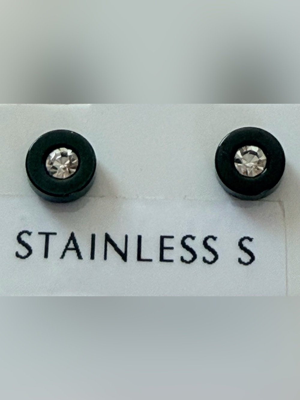 Black Stainless Steel Stud Earrings with Clear Crystal Accent